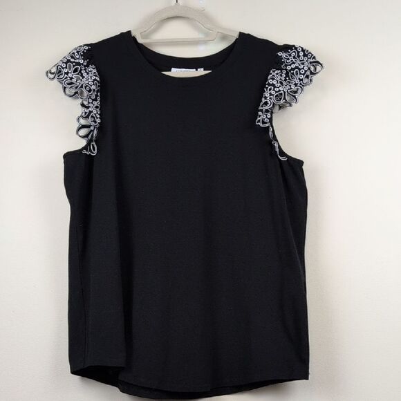 Chico's Black Eyelet Cap Sleeve Tee Size XL - Picture 1 of 8